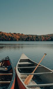 Preview wallpaper boat, oars, river, trees, sky