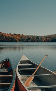 Preview wallpaper boat, oars, river, trees, sky