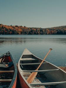 Preview wallpaper boat, oars, river, trees, sky