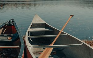 Preview wallpaper boat, oars, river, trees, sky