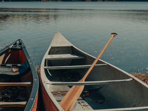 Preview wallpaper boat, oars, river, trees, sky