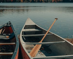 Preview wallpaper boat, oars, river, trees, sky