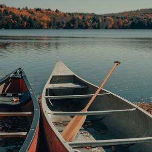 Preview wallpaper boat, oars, river, trees, sky