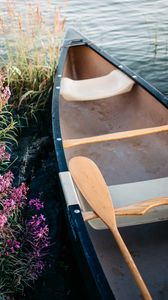 Preview wallpaper boat, paddle, coast, flowers, water