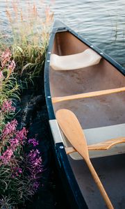 Preview wallpaper boat, paddle, coast, flowers, water