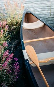 Preview wallpaper boat, paddle, coast, flowers, water