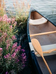 Preview wallpaper boat, paddle, coast, flowers, water