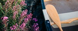 Preview wallpaper boat, paddle, coast, flowers, water