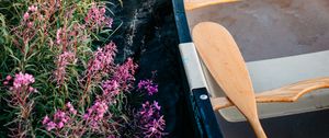 Preview wallpaper boat, paddle, coast, flowers, water