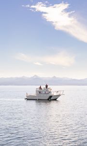 Preview wallpaper boat, people, sea, waves, mountains, sky