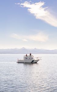 Preview wallpaper boat, people, sea, waves, mountains, sky