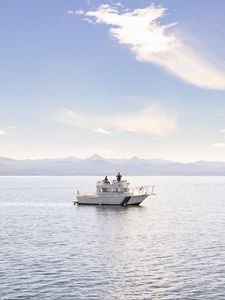 Preview wallpaper boat, people, sea, waves, mountains, sky