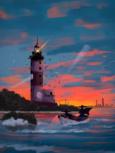 Preview wallpaper boat, people, silhouettes, sea, lighthouse