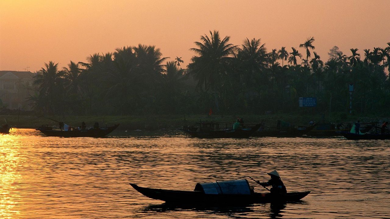 Wallpaper boat, person, asia, lake, coast, palm trees