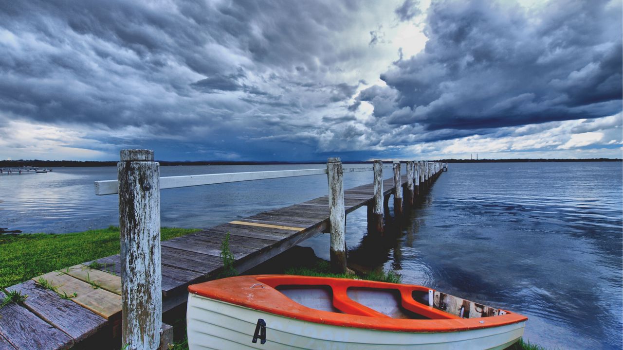 Wallpaper boat, pier, coast, reservoir, cloudy, evening
