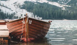 Preview wallpaper boat, pier, lake, mountain, shore