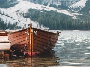 Preview wallpaper boat, pier, lake, mountain, shore