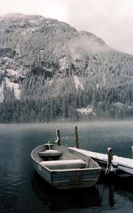 Preview wallpaper boat, pier, lake, mountain, snow, nature