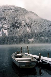 Preview wallpaper boat, pier, lake, mountain, snow, nature