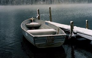 Preview wallpaper boat, pier, lake, mountain, snow, nature