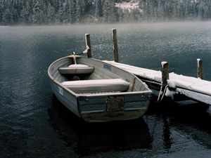 Preview wallpaper boat, pier, lake, mountain, snow, nature