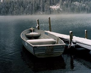 Preview wallpaper boat, pier, lake, mountain, snow, nature