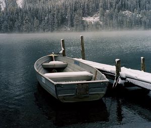 Preview wallpaper boat, pier, lake, mountain, snow, nature