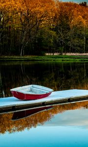 Preview wallpaper boat, pier, lake, trees