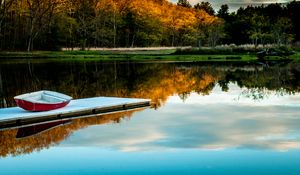 Preview wallpaper boat, pier, lake, trees
