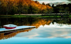 Preview wallpaper boat, pier, lake, trees
