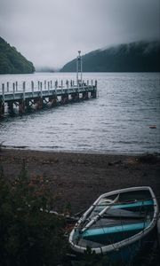Preview wallpaper boat, pier, lake, ship, mountains