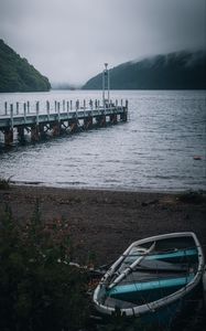 Preview wallpaper boat, pier, lake, ship, mountains