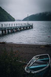 Preview wallpaper boat, pier, lake, ship, mountains