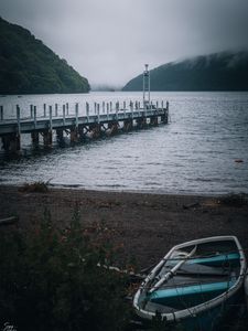 Preview wallpaper boat, pier, lake, ship, mountains