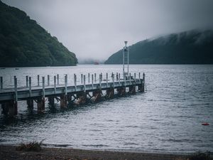 Preview wallpaper boat, pier, lake, ship, mountains