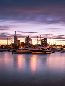 Preview wallpaper boat, pier, port, sunset, sea