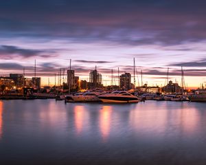 Preview wallpaper boat, pier, port, sunset, sea