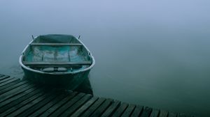 Preview wallpaper boat, pier, river, fog