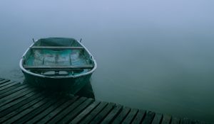Preview wallpaper boat, pier, river, fog