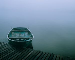 Preview wallpaper boat, pier, river, fog