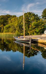 Preview wallpaper boat, pier, river, reflection
