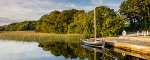 Preview wallpaper boat, pier, river, reflection