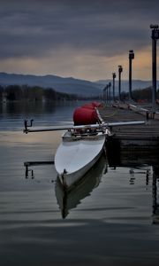 Preview wallpaper boat, pier, river, mountains