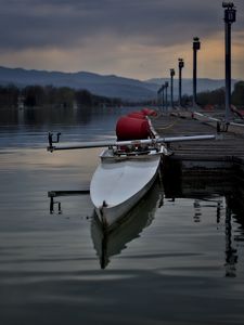 Preview wallpaper boat, pier, river, mountains