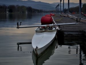 Preview wallpaper boat, pier, river, mountains