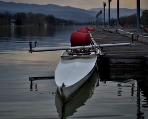 Preview wallpaper boat, pier, river, mountains