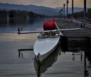 Preview wallpaper boat, pier, river, mountains