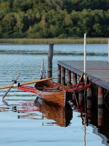 Preview wallpaper boat, pier, river, trees