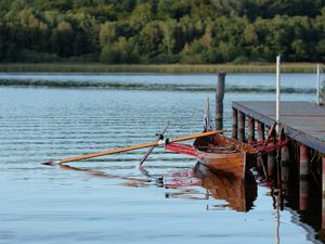 Preview wallpaper boat, pier, river, trees