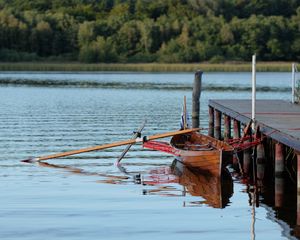 Preview wallpaper boat, pier, river, trees